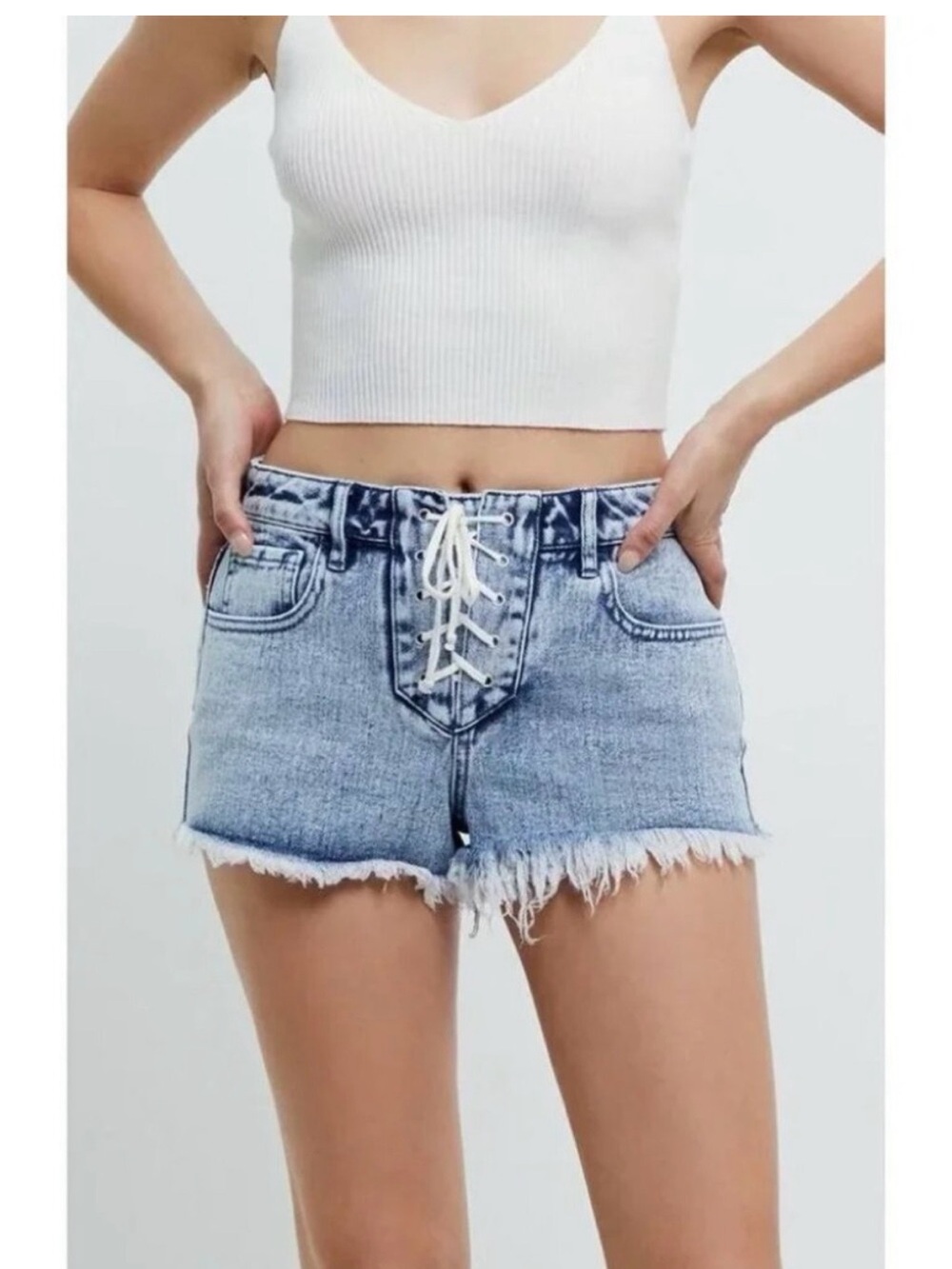 PACSUN Lace-Up High-Waist Festival Denim Shorts - Light Blue